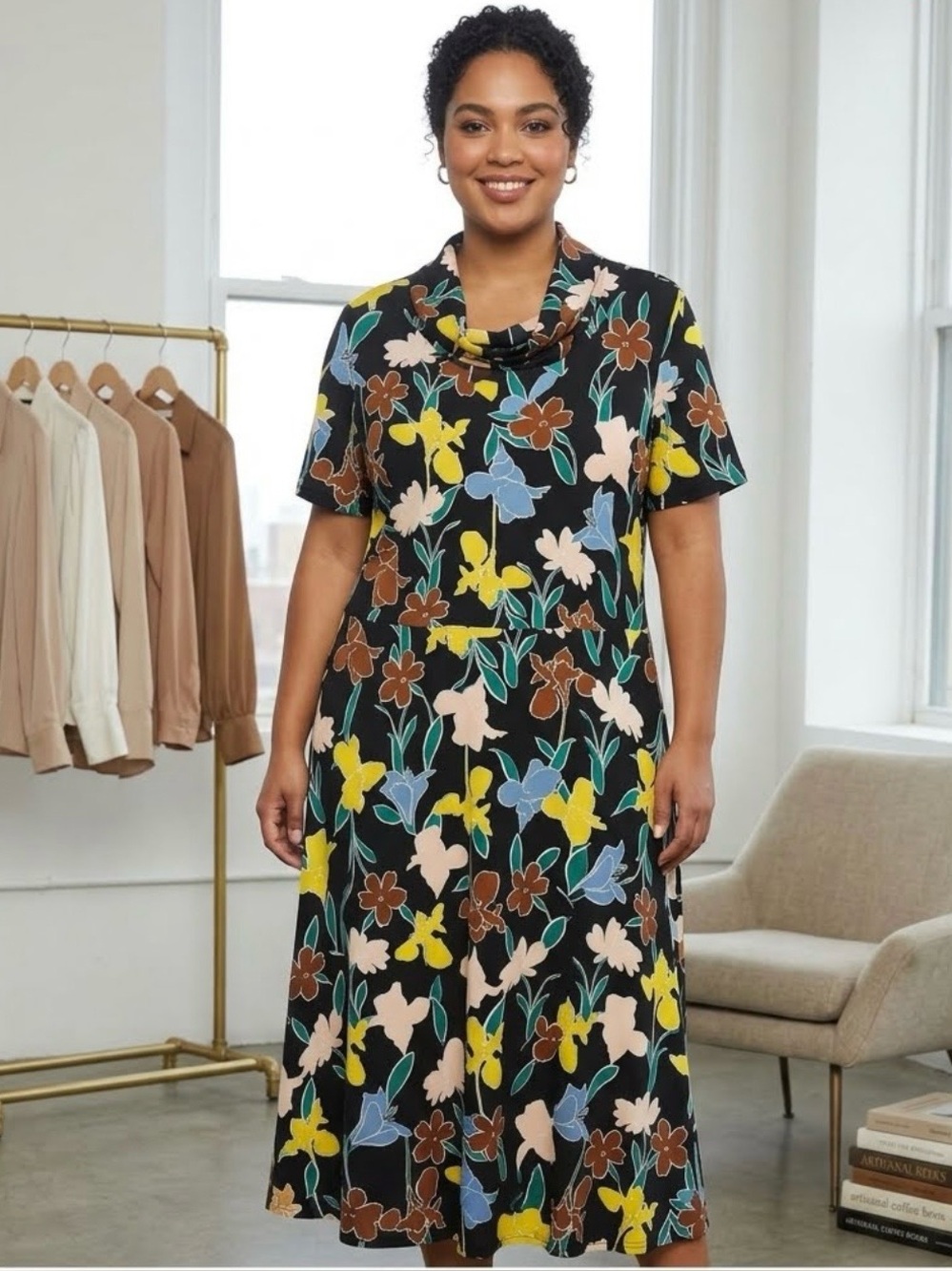 Eloquii Black Maxi Dress with Multicolor Floral Print
